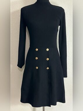 Black Long-Sleeve Knit Dress with Gold Button Detail